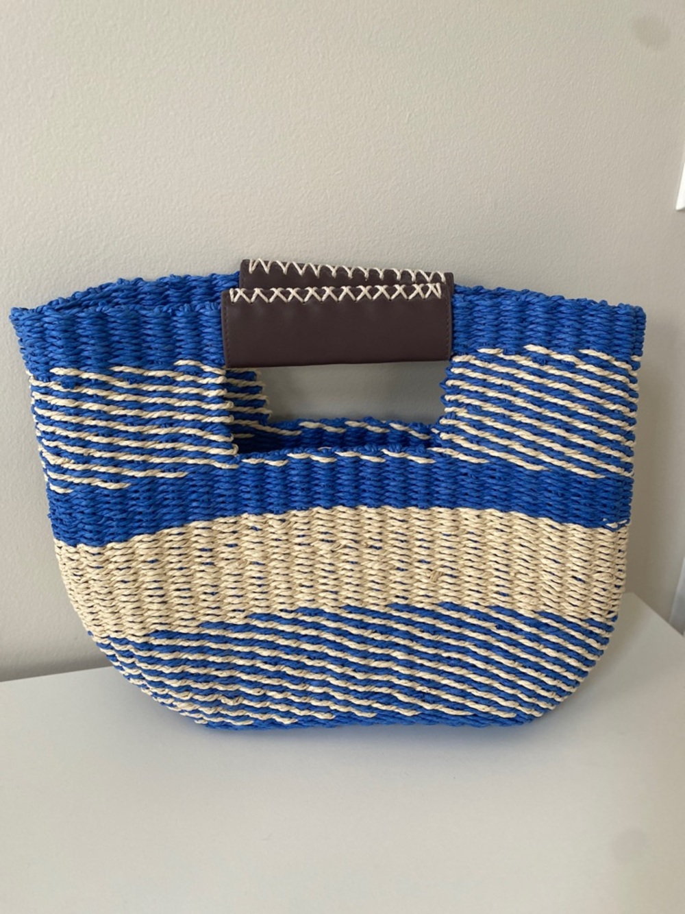 Scoop Nantucket Blue and Cream Woven Tote with Brown Handle - Picture 2 of 8
